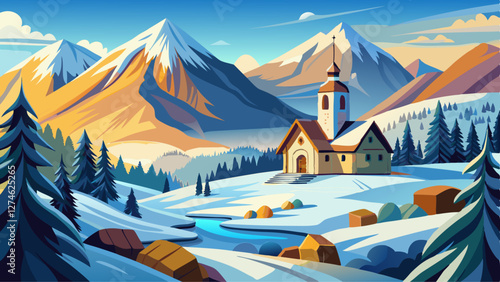 Idyllic winter landscape with chapel in the Alps, Berchtesgadener Land, Bavaria, Germany