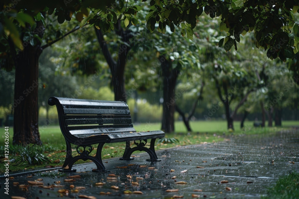 Relaxing park bench under rain in a lush green forest during a peaceful afternoon with gentle rainfall Relaxing park bench under rain in a lush green forest during a peaceful afternoon with gentle rainfall