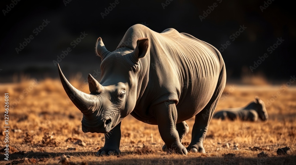 Obraz premium Majestic White Rhino in African Savanna Sunset