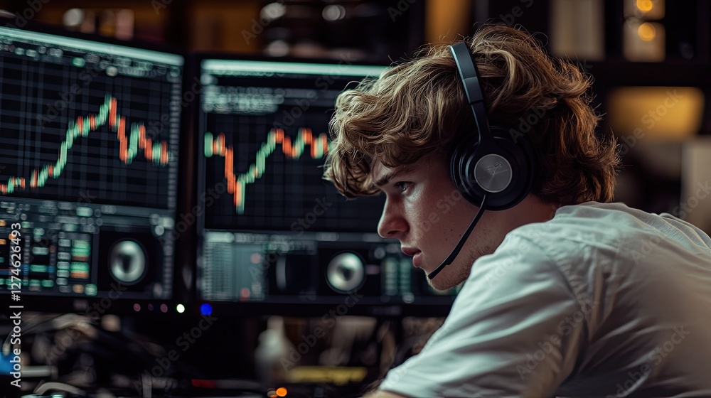 A crypto trader in a high-tech office evaluates currency values and forex market trends, surrounded by several monitors displaying real-time data, digital charts, and trading software A crypto trader in a high-tech office evaluates currency values and forex market trends, surrounded by several monitors displaying real-time data, digital charts, and trading software