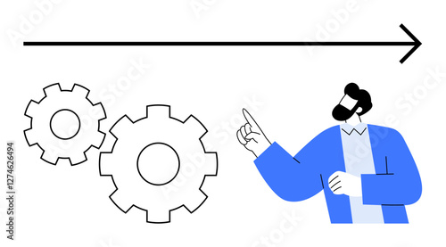Man pointing towards gears and straight arrow, emphasizing coordination and progress. Ideal for project management, workflow optimization, strategy planning, teamwork, business direction, process