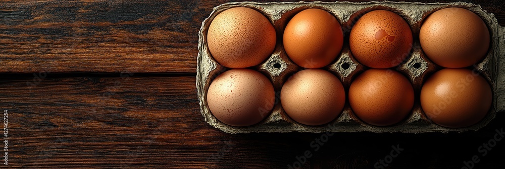 Graphic layout featuring arranged brown eggs in a carton on a wooden table Graphic layout featuring arranged brown eggs in a carton on a wooden table