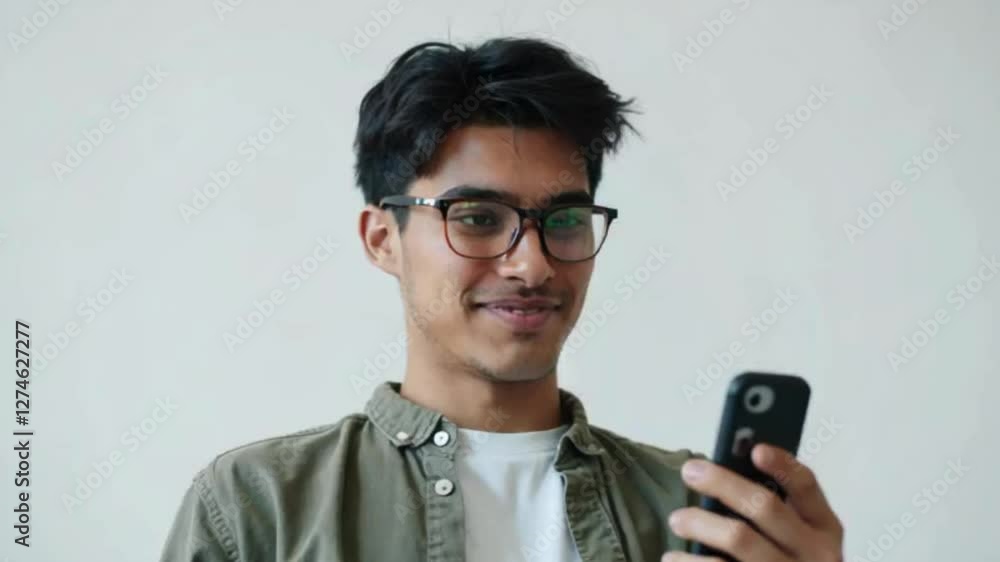 smiling young man in glasses holding phone in hand smiling young man in glasses holding phone in hand