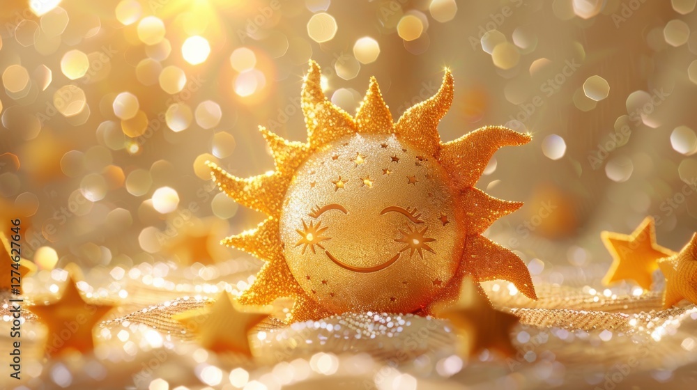 Obraz premium Sun character with starry eyes, surrounded by glittering stars, on a white background