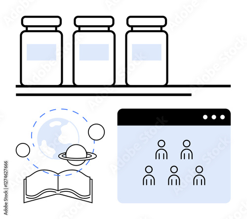 Three labeled vials, online group collaboration browser window, and open book with orbiting planet. Ideal for education, science, research, medicine, teamwork, innovation abstract line flat metaphor