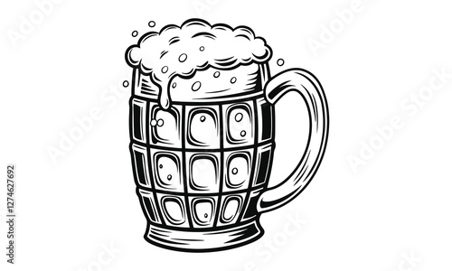 Beer mug vector iilustration, monochrome design, hand drawn illustration, detailed artwork, minimalist design, isolated on a white background