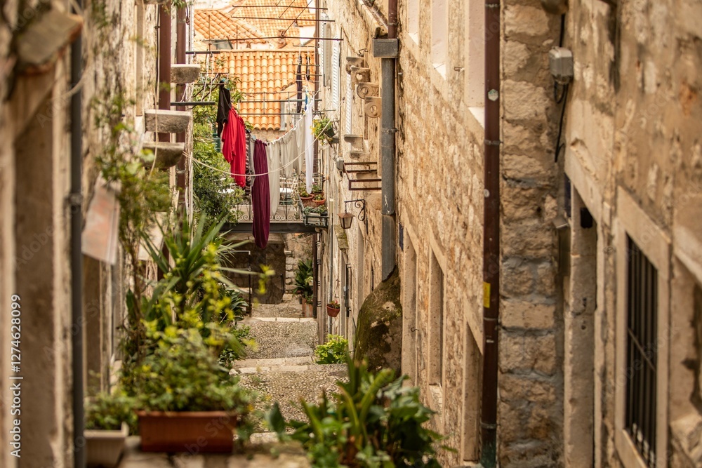 Fototapeta premium Dubrovnik, Croatia: a small street in Dubrovnik Old Town, the historic center of the city
