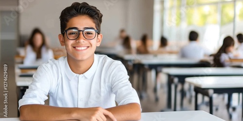 Wallpaper Mural A joyful Hispanic teenage boy around 14 years old is seated at a desk in a simple classroom environment. He is smiling directly at the camera exuding positivity and friendliness Torontodigital.ca