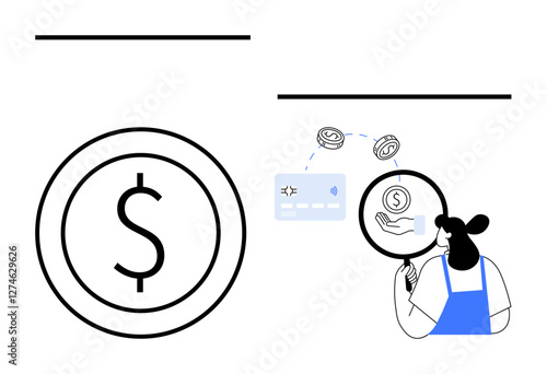 Girl examining coin through magnifying glass with credit card and dollar sign. Ideal for finances, investment research, online transactions, financial planning, banking, economic growth, savings