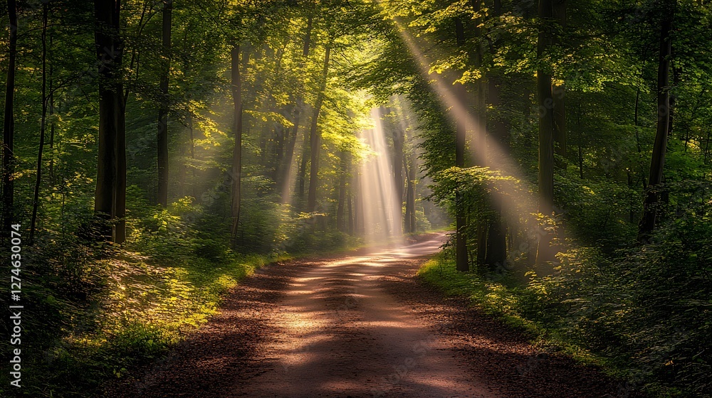 Fototapeta premium Sunbeams Illuminate Forest Path A Magical Scene