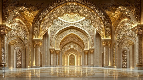 Sunlit Arabian palace hall with ornate windows  garden view  interior design