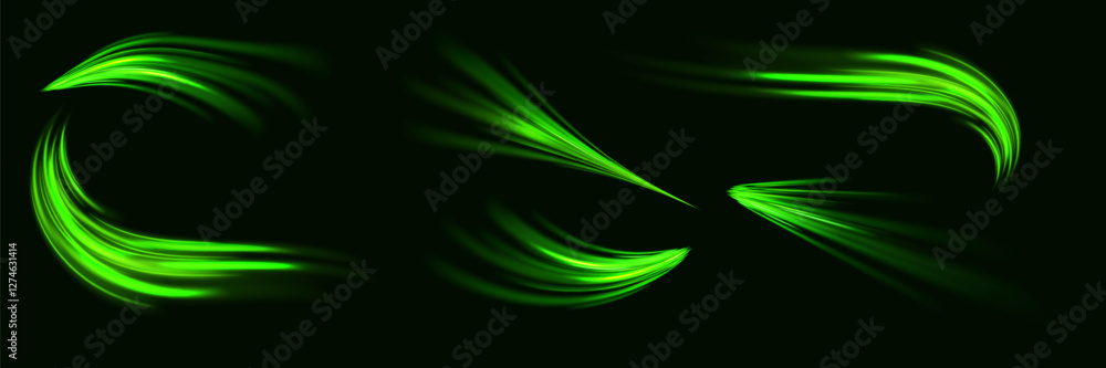 Collection of glowing green speed lines. Curved bright swirls of speed lines.EPS 10. Collection of glowing green speed lines. Curved bright swirls of speed lines.EPS 10.