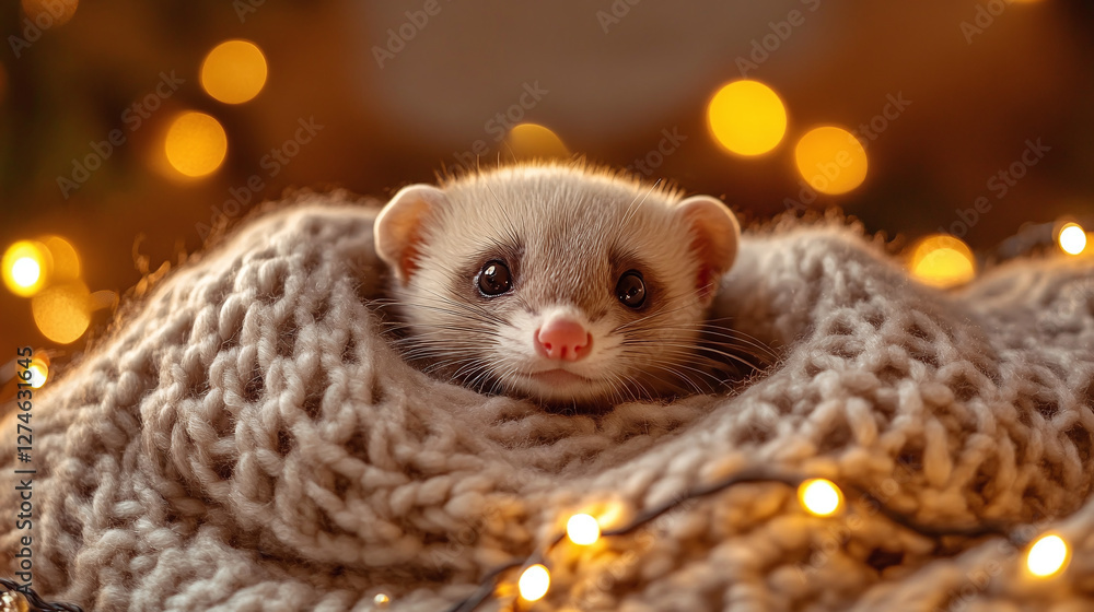 Adorable ferret snuggled in cozy knitted blanket with warm festive lights. Adorable ferret snuggled in cozy knitted blanket with warm festive lights.