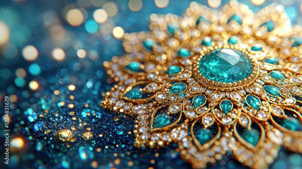Sparkling teal gemstone brooch on glitter, luxury jewelry Sparkling teal gemstone brooch on glitter, luxury jewelry