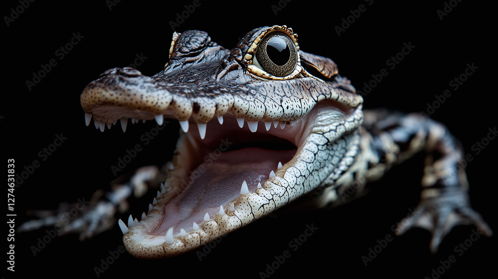 Obraz premium Close-up of a smiling baby crocodile with mouth open, revealing sharp teeth and detailed scaly skin in natural habitat.