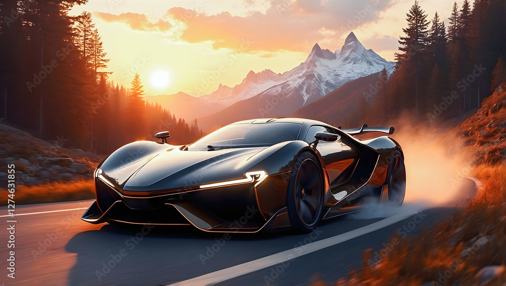 Beautiful modern sport car driving fast on scenic road in forest at sunset , automotive background, tuning template, auto transport
