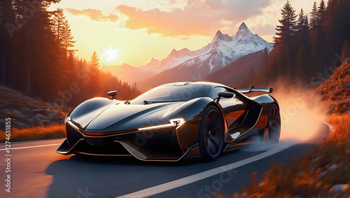 Obraz na płótnie Beautiful modern sport car driving fast on scenic road in forest at sunset , automotive background, tuning template, auto transport w salonie