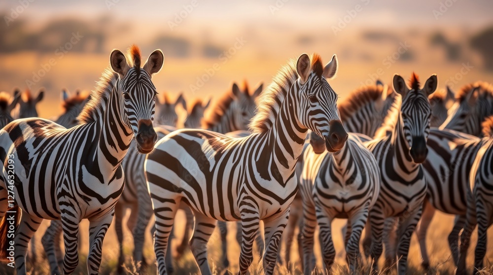Fototapeta premium Stunning Zebras in Golden African Sunset Wildlife Photography