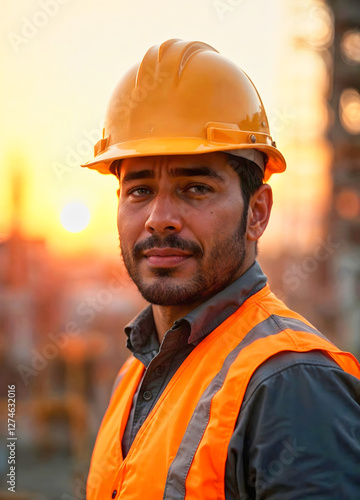 Obraz na płótnie Portrait of handsome construction worker wearing orange vest and yellow helmet, working people, engineer w salonie