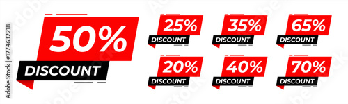Special offer discount with different value percent off. 50, 20, 40, 70, 25, 35, 65 percentage price reduction label for cheap purchase set vector 10 eps.
