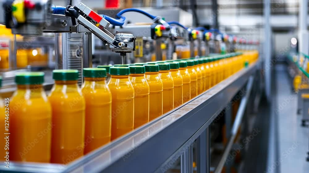 Automated Juice Bottling Line in a Modern Factory Automated Juice Bottling Line in a Modern Factory