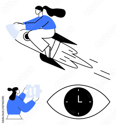Woman flying on a rocket symbolizing progress, puzzle piece for teamwork, and clock in an eye for time efficiency. Ideal for innovation, teamwork, deadlines, focus, project management, aspirations