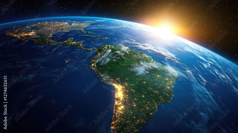 A breathtaking view of Earth from space with sunrise illuminating the landscape. A breathtaking view of Earth from space with sunrise illuminating the landscape.