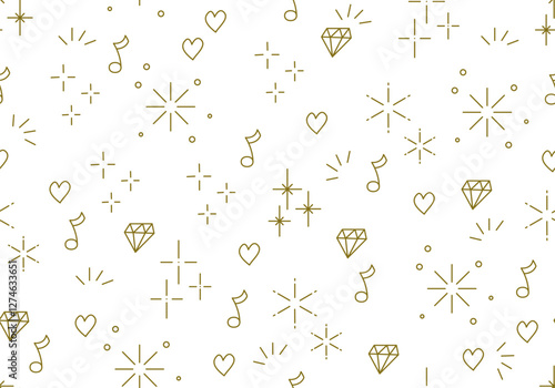 Seamless pattern with music note, star, heart, diamond. Christmas, birthday design in golden color on a light background. Trendy modern vector illustration. Cute hand drawn flat design