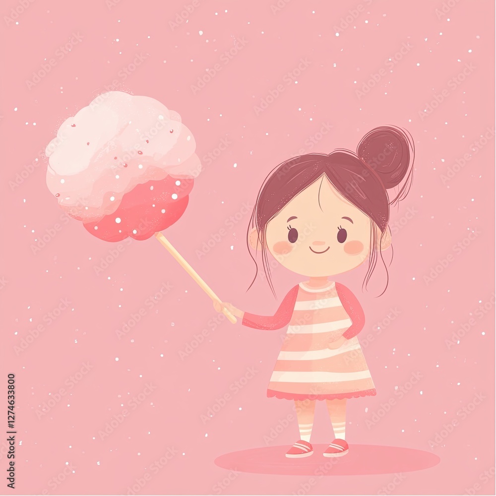 Cute little girl with cotton candy on pink background with space for text. cartoon look. Cute little girl with cotton candy on pink background with space for text. cartoon look.