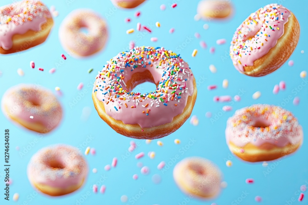 Glazed donuts with flying sprinkles on a blue background. falling donuts. Glazed donuts with flying sprinkles on a blue background. falling donuts.