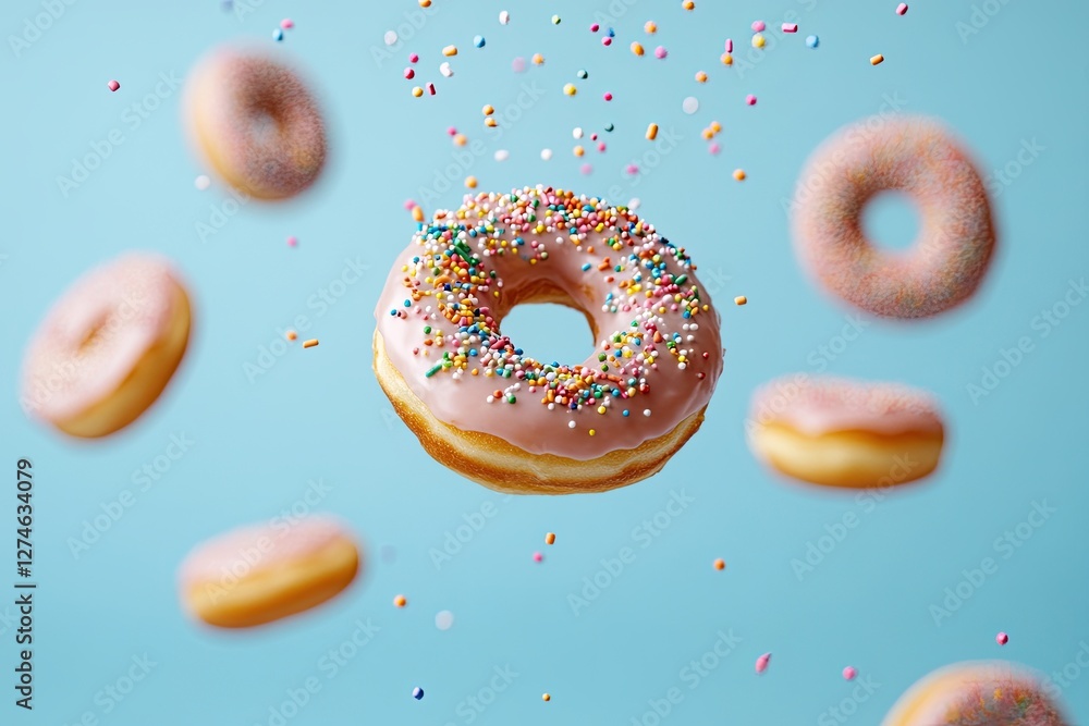 Glazed donuts with flying sprinkles on a blue background. falling donuts. Glazed donuts with flying sprinkles on a blue background. falling donuts.