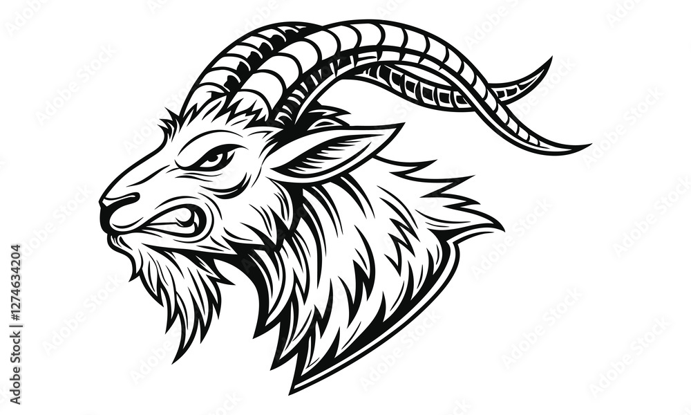 Obraz premium Goat head vector iilustration, monochrome design, hand drawn illustration, detailed artwork, minimalist design, isolated on a white background