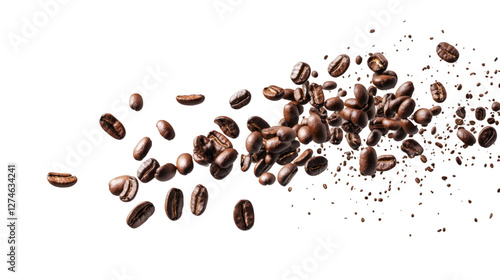 Roasted coffee beans exploding and flying on transparent background, perfect for advertising and packaging