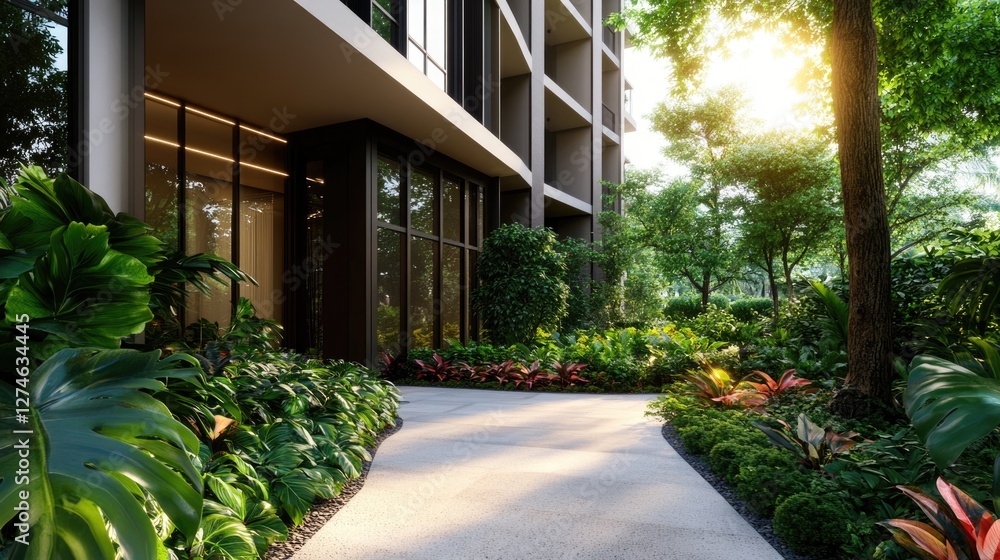Naklejka premium Modern building surrounded by lush greenery and a serene pathway on a sunny day.