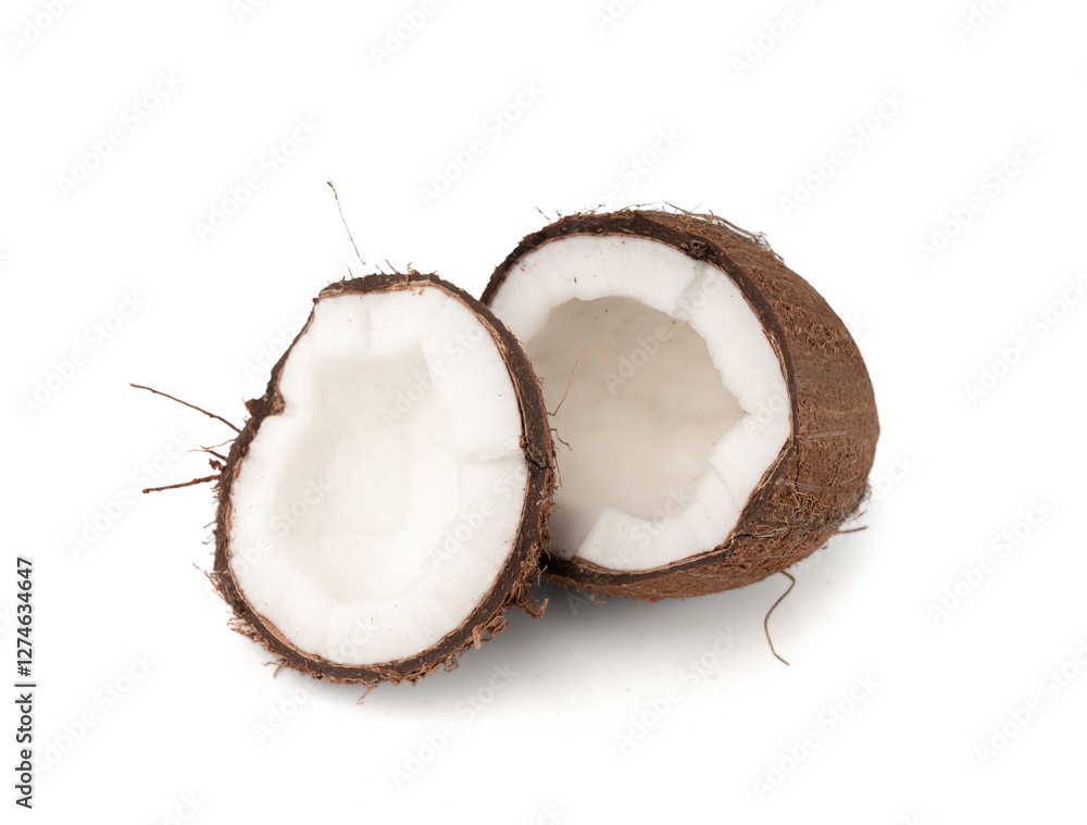 Coconut pieces, broken coco nut isolated, fresh tropical palm fruit slices, open cracked coconut Coconut pieces, broken coco nut isolated, fresh tropical palm fruit slices, open cracked coconut