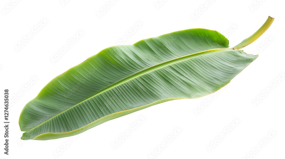 Obraz premium Vibrant green banana leaf isolated on a transparent background, showcasing its natural beauty and tropical essence