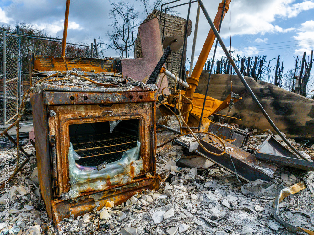 Fototapeta premium Burned kitchen oven amid the ruins of a home destroyed by the Eaton Fire in Altadena, California