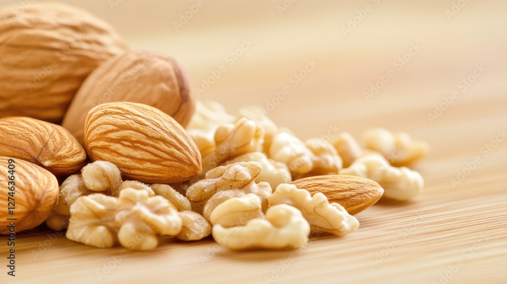 Close-up of assorted nuts on wooden surface Close-up of assorted nuts on wooden surface