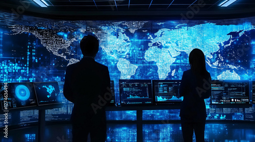 AI control room Network operations technology concept of a back view silhouette two business person standing discussing looking a holographic world map with interconnected networks, Command Center