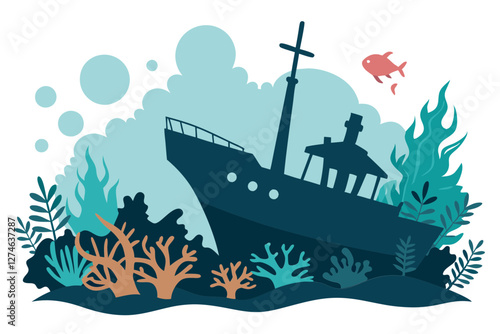 Mysterious Sunken Ship Silhouette Surrounded by Coral and Sea Creatures