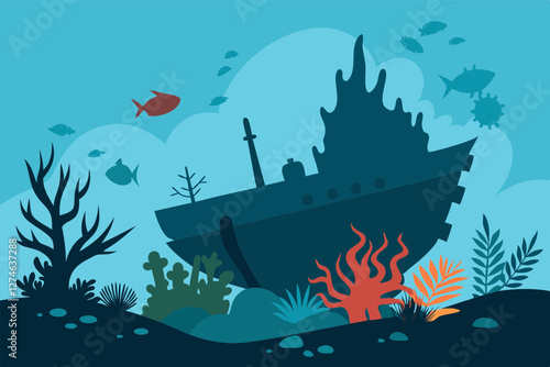 Mysterious Sunken Ship Silhouette Surrounded by Coral and Sea Creatures