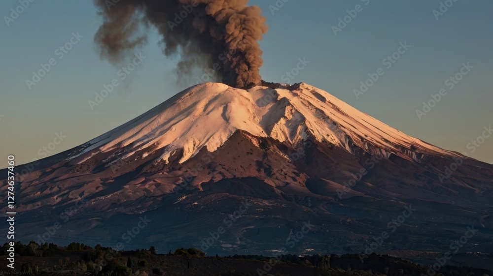 Snow blankets the volcanic peak of Mount Fuji in a serene winter landscape against the sky Snow blankets the volcanic peak of Mount Fuji in a serene winter landscape against the sky