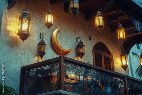 Candle lights hanging from ceiling in arabic restaurant. Crescent moon design on wall. Decorative elements and warm ambiance.