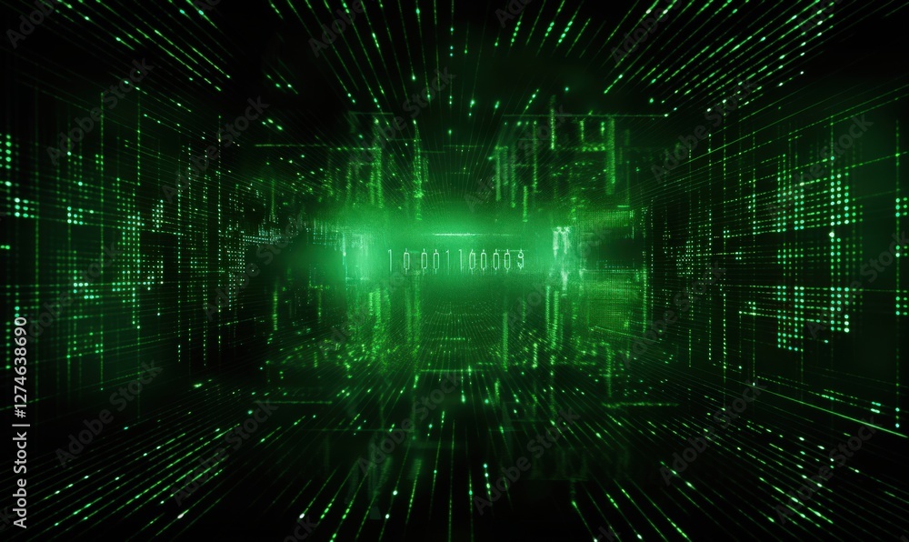 Digital data stream. Server room. Green code. Binary. Big data processing. For tech articles Digital data stream. Server room. Green code. Binary. Big data processing. For tech articles