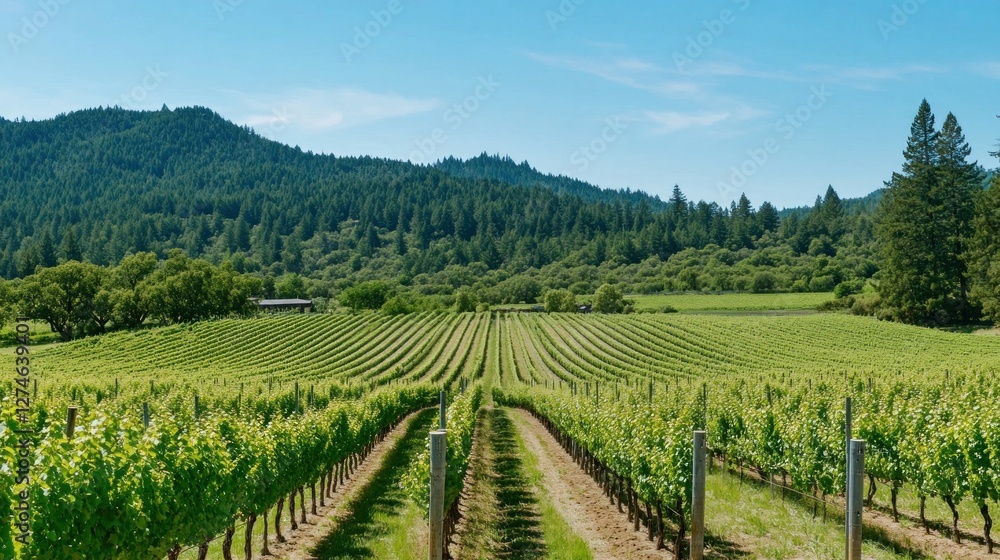 Fototapeta premium Vineyard basked in golden sunset light, featuring lush grapevines stretching towards the horizon amid a peaceful countryside setting
