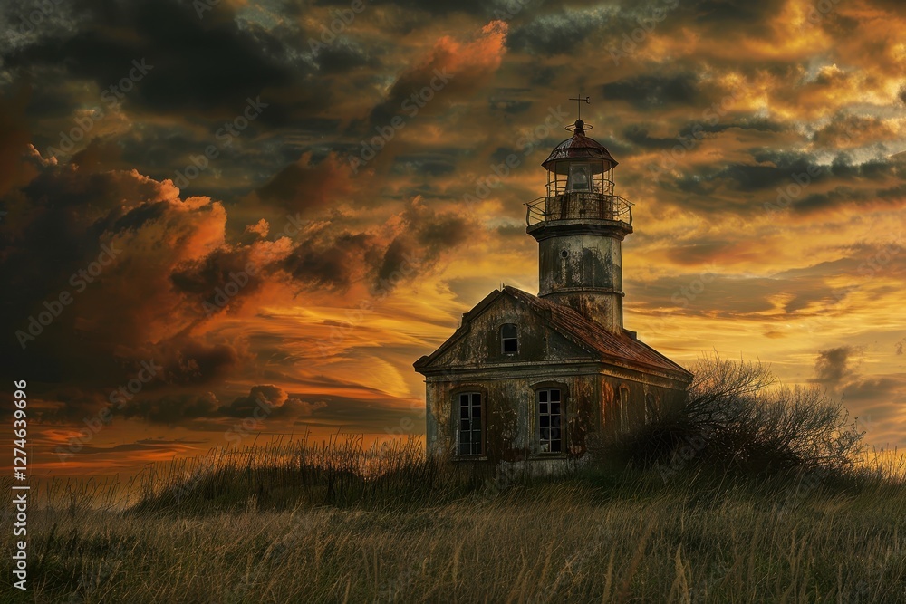 Stormy clouds surround an aging lighthouse on a rocky coastline during twilight, capturing the essence of maritime history and nature's power Stormy clouds surround an aging lighthouse on a rocky coastline during twilight, capturing the essence of maritime history and nature's power