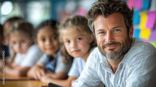 Teacher smiling with students in classroom, learning