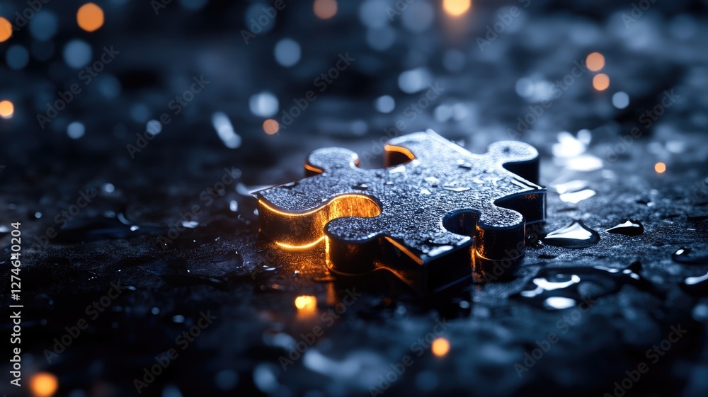Single puzzle piece on wet, reflective surface with glowing lights in background Single puzzle piece on wet, reflective surface with glowing lights in background