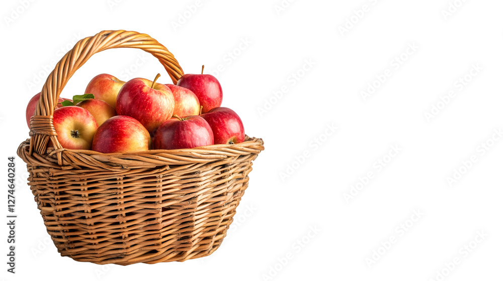 Wicker basket overflowing with vibrant red apples, green leaves attached, showcasing fresh harvest against transparent backdrop Wicker basket overflowing with vibrant red apples, green leaves attached, showcasing fresh harvest against transparent backdrop