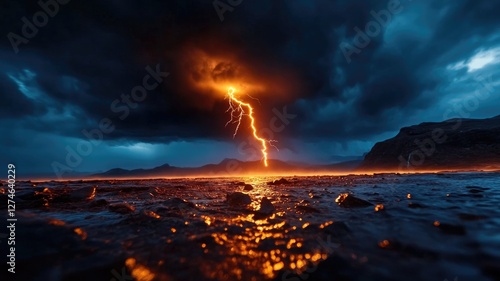 Dramatic lightning bolt strikes at dusk over rocky landscape